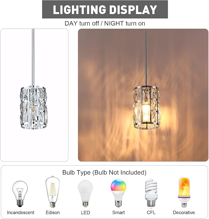 MEXO Modern Crystal Pendant Light Fixture Chrome Finish Hanging Lighting Crystal Chandelier for Kitchen Island Dinning Room Living Room Hallyway Porch Bedroom Lamp
