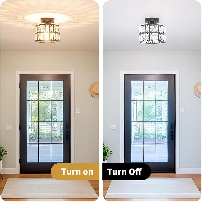 Lxybcce Crystal Ceiling Light Fixture, Modern Matte Black Crystal Chandelier, Small Semi Flush Mount Ceiling Lighting, Round Hallway Lighting for Kitchen Entryway Bedroom Bathroom, 1-Light, 9 Inch
