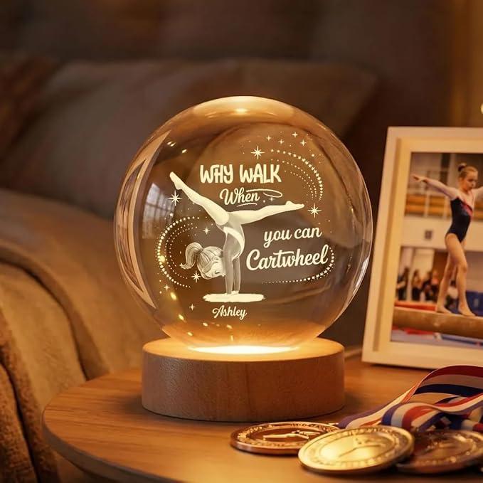 Why Walk When You Can Cartwheel Gymnastic Girl - Personalized Crystal Ball Night Light, Custom Gymnastics Cartoon Global Lamp for Girl, Gymnastic Girls Ball Lamp, Gift for Daughter