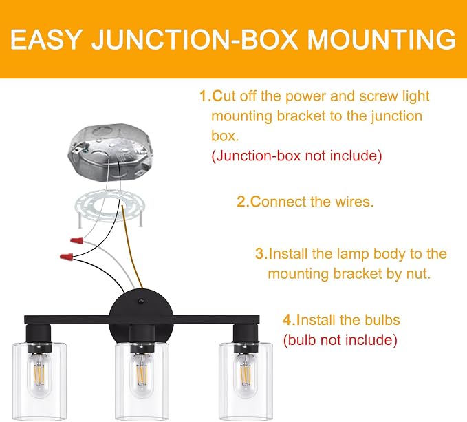 Black Bathroom Light Fixtures 3-Light Bathroom Vanity Light | Clear glass shade, Anti-rust, Easy install, E26 scoket, Vanity Lighting Fixtures, Over mirror, Makeup, 18.6in Vanity lights