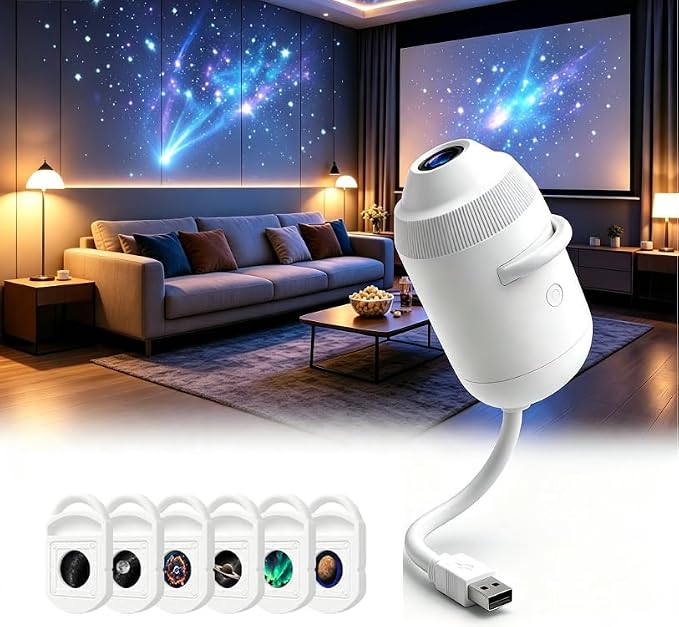 2027 New Hd Smart Dynamic 5D Holographic Night Light Projector, Plug and Play HD Star Projector with 24 Films , 360° Adjustable 2-in-1 Galaxy Projectors Night Light, USB Powered for Bedroom （6 Films）