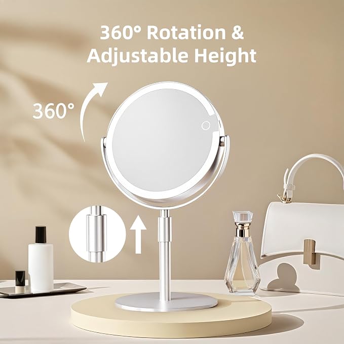 FRANO Makeup Mirror with Lights, Lightweight 8" Double-Sided Magnifying Vanity Mirror 1X/10X, Rechargeable, Adjustable Brightness with 3 Colors, Gift for Mom,Women, Wife, Girls, Dorm Room Essential