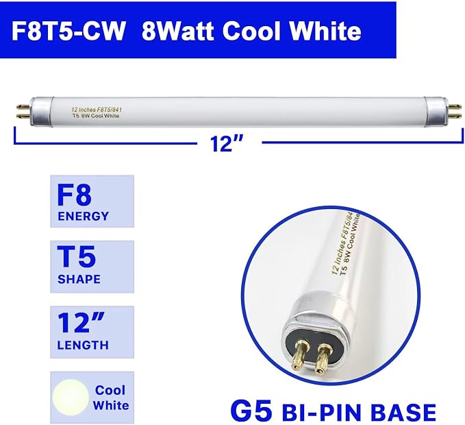 Konideke 8 Pack F8T5/CW Fluorescent Bulbs, T5 12 inch 8 Watts Under Cabinet Light Bulb Cool White, G5 Mini Bi 420 Lumen