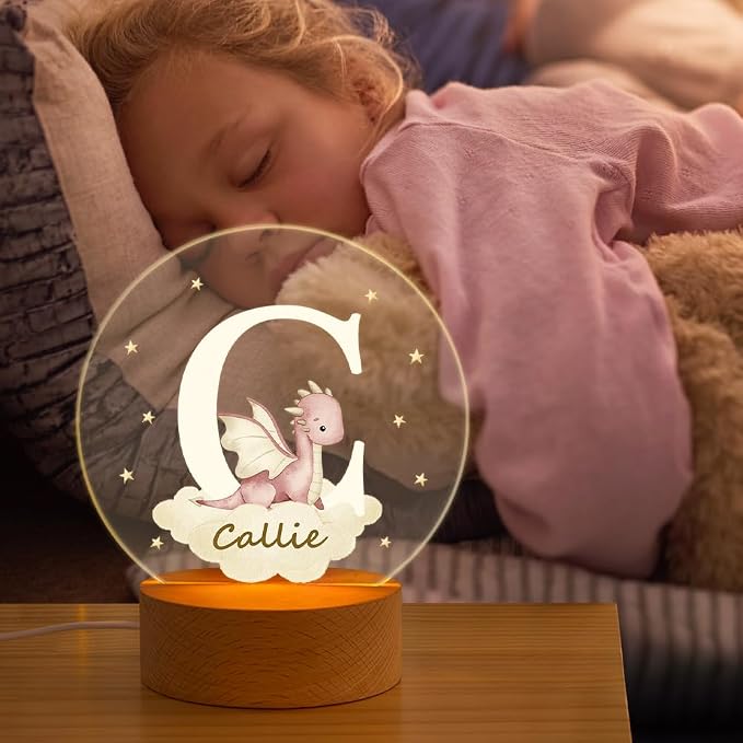 Personalized Dreamy Dragon LED Night Light Custom Name and Initial Night Light with Wooden Base Nursery Decor Gift for Kids