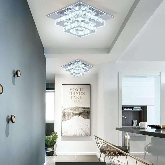 FRIXCHUR Crystal Ceiling Light Square Chandelier Modern LED Flush Mount 2 Layers Ceiling Lamp Lighting Fixture for Dining Room Living Room Bedrooms Kitchen Hallway Foyer (Cool White)