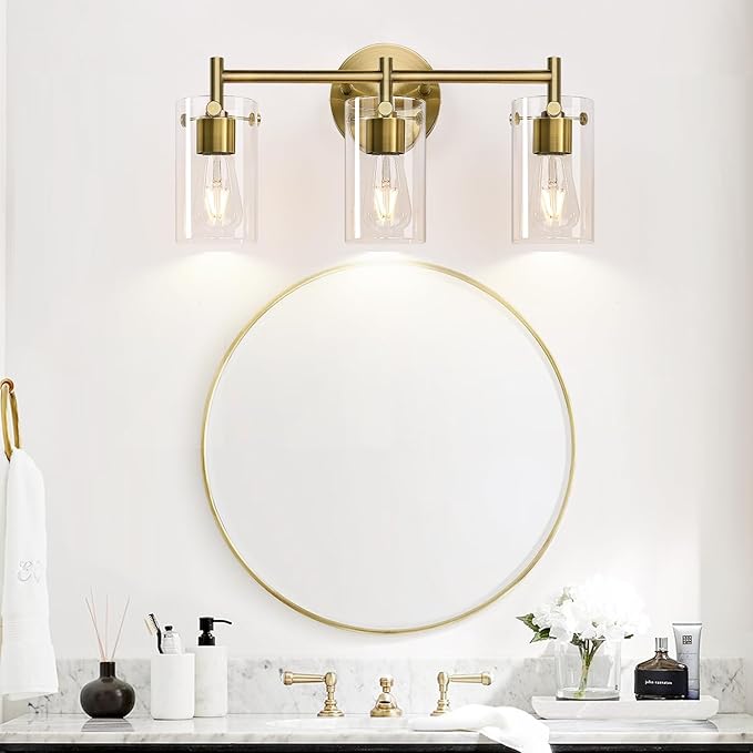 Bathroom Light Fixtures, 3-Light Brass Vanity Light, Black Bathroom Lights Over Mirror with Clear Glass Shade, Wall Sconces for Mirror Bedroom Living Room Hallway