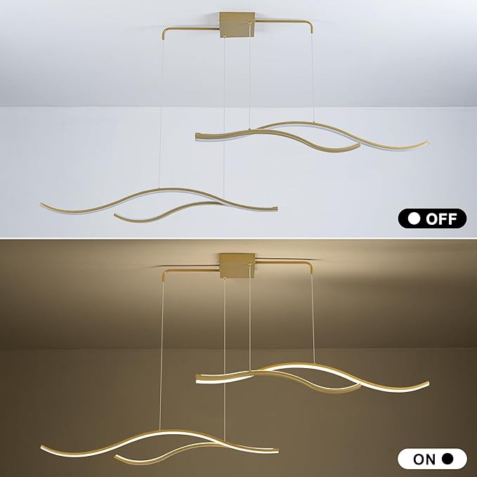 Mayful LED Chandelier, Modern Chandelier with Remote Control, Dimmable 3000K-6000K Adjustable Temperature, Height Adjustable Kitchen Island Pendant Light for Dining Room, Living Room Gold 64.2 inch