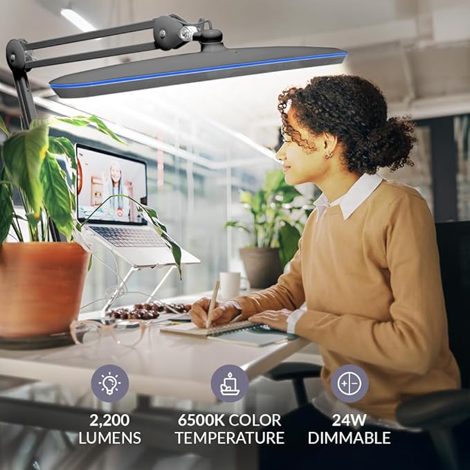 Neatfi XL 24W LED Desk Lamp with Base – 2,200 Lumens | 23” Wide Shade | Dimmable Eye-Caring Task Light | Adjustable Arm | Office, Study, Crafting & Nail Techs (Non-CCT with Base, Silver)