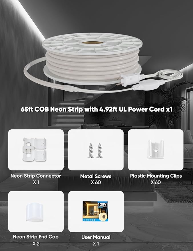 COB Led Neon Rope Lights 65ft 6000K Cool White, 110-120V Outdoor Waterproof Lighting Strip 600lm/m Super Bright, Cuttable and Adhesive, for Roof Bedroom Garden Commercial