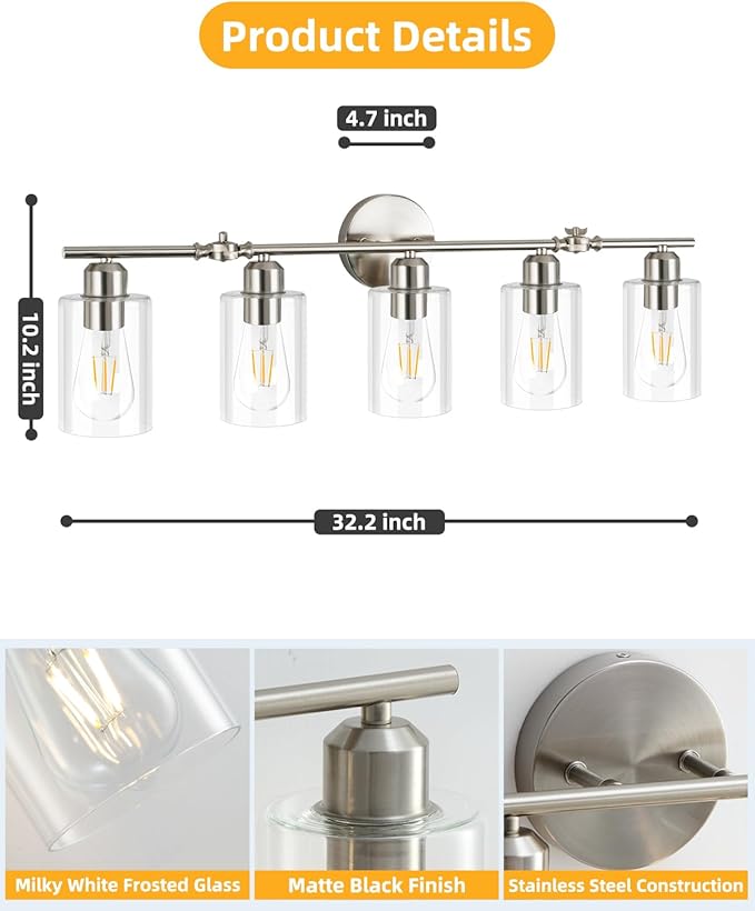 5-Light Bathroom Light Fixtures, Brushed Nickel Vanity Lights for Bathroom