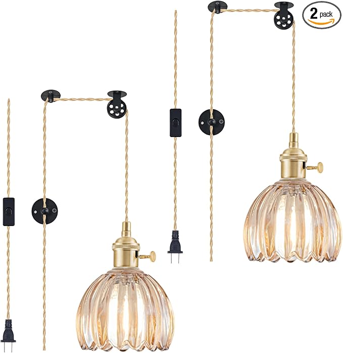 2 Pack Plug in Pendant Light Fixtures, Hanging Light Fixture Vintage Glass Pendant Light, Mini Amber Tulip Hanging Lamp, Pendant Lighting for Kitchen Island, Bedroom, Dining Room, Living Room