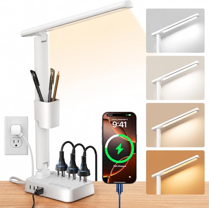 LED Desk Lamp with Power Strip, 3 AC Outlets, 4 USB Ports, Stepless Dimming | 2800K-6500K Color, 2 USB-C, Foldable Design, Timer & Memory, Study, Home Office & College Dorm, 10FT Cord