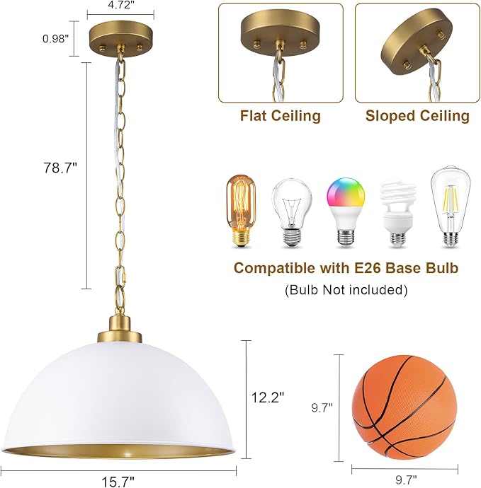 Lingkai Farmhouse Pendant Light Fixtures, 15.7" White and Gold Dome Pendant Lighting Kitchen Island, Adjustable Height Vintage Hanging Ceiling Lights for Kitchen Island Dining Room Foyer Restaurant