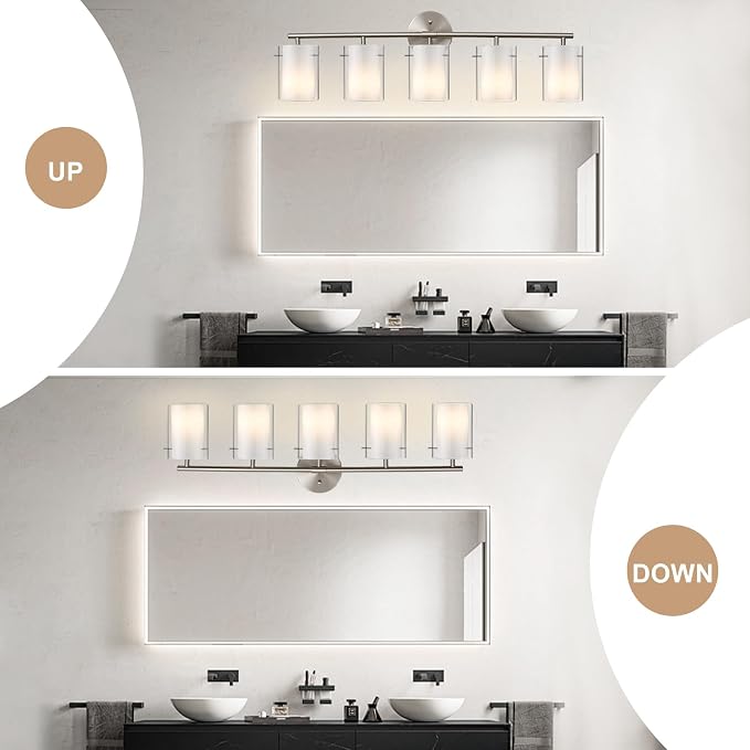 Brushed Nickel Bathroom Light Fixtures Over Mirror, 5-Light 33-Inch Vanity Lights with Dual Glass Shades, Eye-Friendly Modern Vanity Lights for Bathroom Bedroom Living Room Hallway
