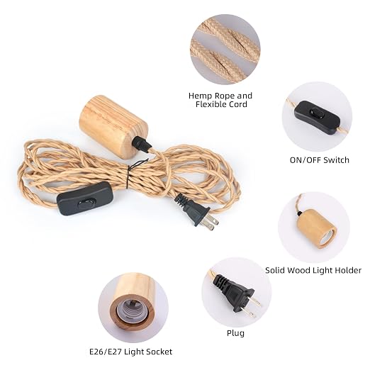 Arturesthome Wood Pendant Light Cord Kit with Switch, 23FT Vintage Industrial Hanging Light Plug in Lamp Cord with Twisted Nylon Rope Lights Socket E26 E27 for Farmhouse Lamp Cable Retro DIY