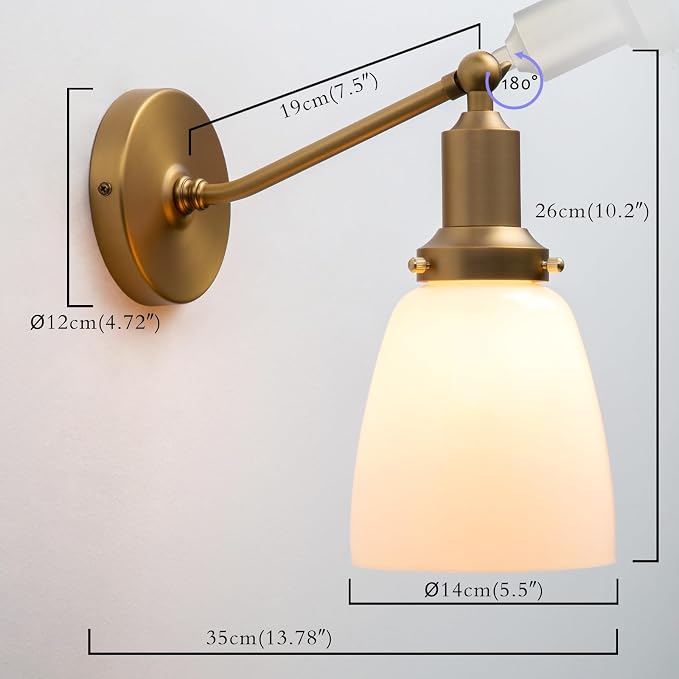 Industrial Vintage Slope Pole Wall Mount Single Sconce with 5.5" Oval Dome Milk White Glass Shade Wall Sconce Light Lamp Fixture (Antique)