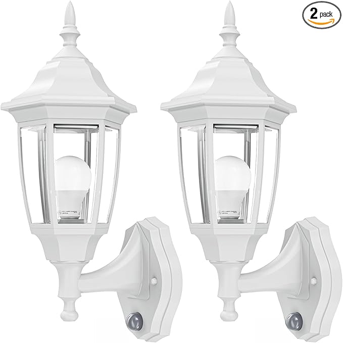 EMART Dusk to Dawn Plastic Outdoor Wall Light Fixtures with Bulbs, Waterproof and Anti-Corrosion Porch Sconces, Exterior Lanterns Wall Mount Lamp for Outside, Garage, Front Door, Patio, 2 Pack, White