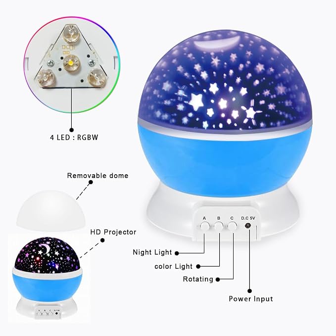 LED Lights USB or Battery Night Light,Bedroom Lights Stars and Moon Night Light for Kids, Stars and Moon Projector Color Changing Lights,Rotating Portable Room Projector Birthday Gifts.（Blue）