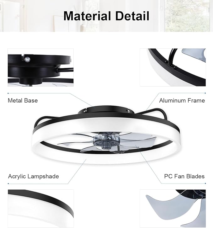 Ceiling Fans with Lights and Remote, 20" Modern Low Profile Ceiling Fan, 6-Speed Quiet Reversible Motor, Flush Mount LED Fan Light,Fandelier Ceiling Fans for Bedroom (Black)
