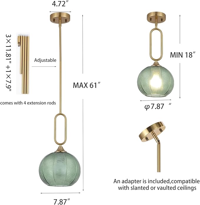 Green Glass Pendant Light Modern Globe Pendant Lighting Nordic Ribbed Gold Ceiling Hanging Chandelier with Brushed Brass Adjustable Rods Dining Room Kitchen Island Light Fixture