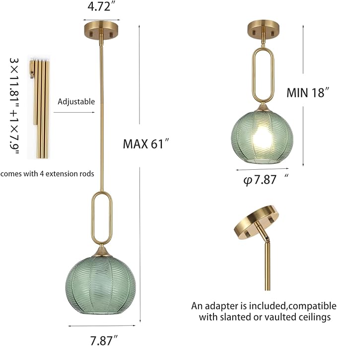 Green Glass Pendant Light Set of 2 Modern Globe Pendant Lighting Nordic Ribbed Gold Ceiling Hanging Chandelier with Brushed Brass Adjustable Rods Dining Room Kitchen Island Light Fixture