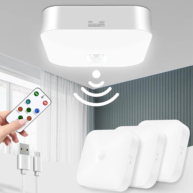 Rechargeable Motion Sensor Ceiling Light with Remote, 3000K-6000K 3 Pack | Wireless, Battery Operated, Motion Activated, Indoor Use for Closet, Shower, Hallway, Garage, Pantry, Stair and Bathroom