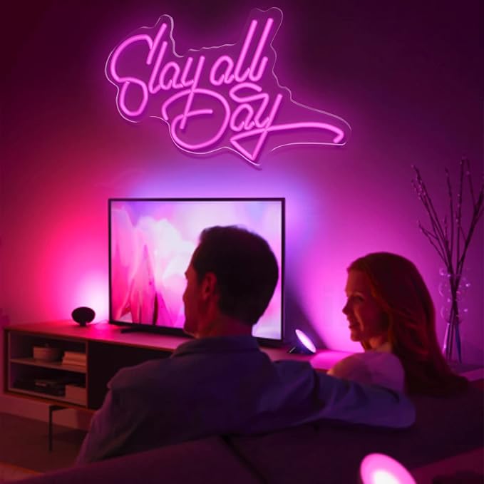 JEDAEMEN Slay All Day Neon Signs for Wall Decor Pink LED Sign Neon Lights | Pink Led Light Sign Preppy Room Decor Light Up Sign for Birthday Party Decoration USB Powered