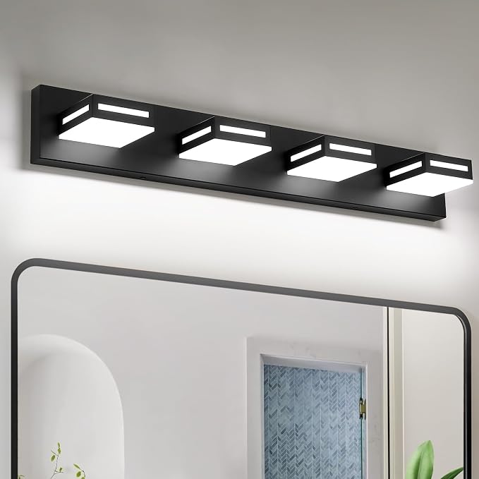 LED Modern Bathroom Light Fixtures, 4-Light 30-Inch Matte Black Vanity Lights for Bathroom Lighting Fixtures Over Mirror, 6000K Cool White 350° Rotatable Wall Lamp