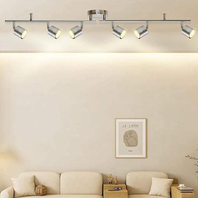 6-Light Brushed Nickel Track Lighting Kit with GU10 LED Bulbs - 44.5” Adjustable Ceiling Spotlight Fixture, 270° Swivel & 90° Tilt for Kitchen, Living Room, Dining Room, Gallery Display