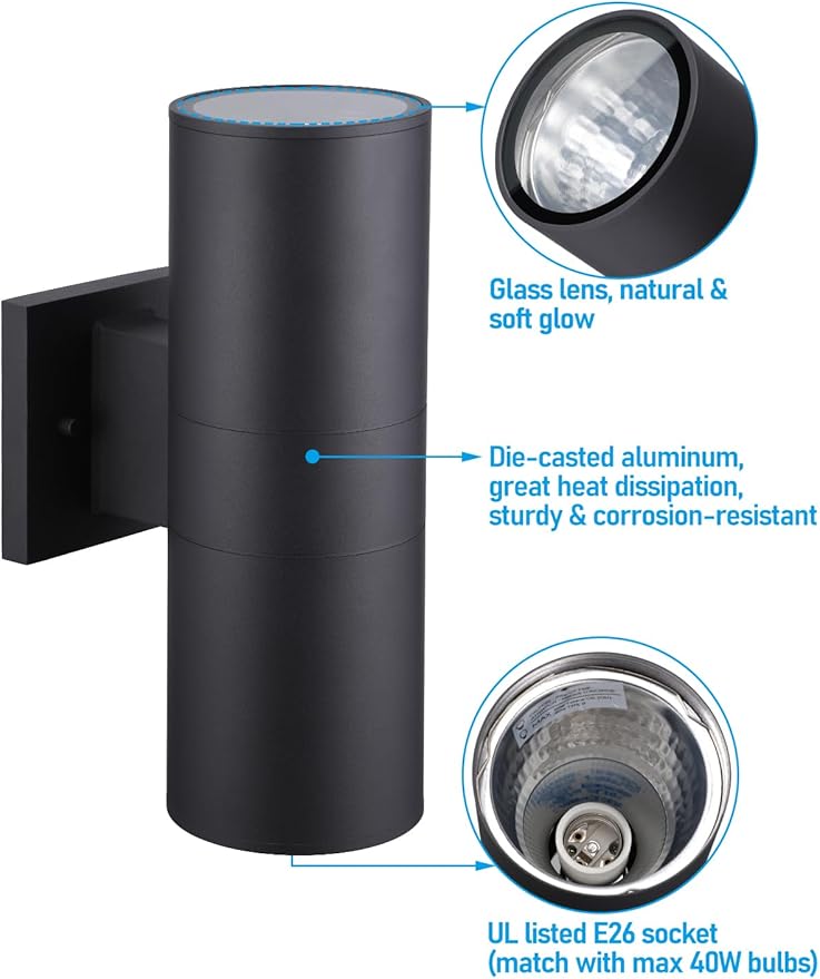 LEONLITE Modern Outdoor Cylinder Wall Lights 12", Porch Light in 2 Lights, Up Down Lights, Matte Black Waterproof Wall Sconce, Aluminum, E26 Base, Exterior Light Fixture Wall Mount, ETL, Pack of 2