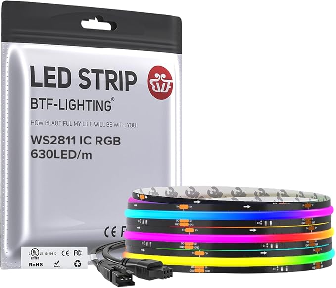 BTF-LIGHTING WS2811 Smart IC RGB FCOB COB LED Strip, UL Listed 630LEDs/m High Density Color Chasing Uniform Light, DC12V 9.8FT 10mm Width Black PCB for Home Party DIY Decor(No Adapter or Controller)