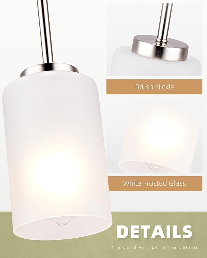 2 Pack Pendant Light Fixtures, Adjustable Brushed Nickel Hanging Ceiling Lights with White Frosted Glass Shades, House Indoor Light for Kitchen Island Bedroom