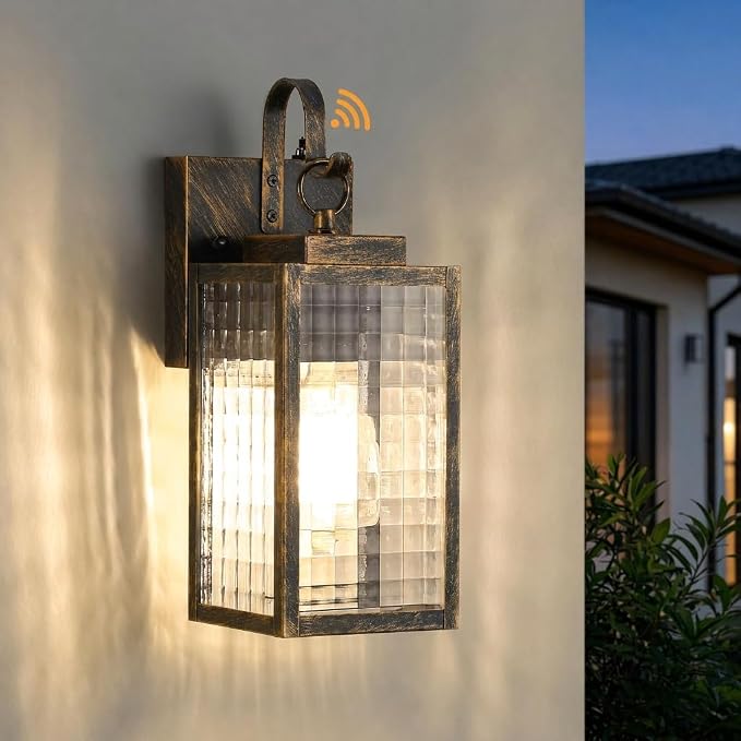 11.8" Black Brush Gold Dusk to Dawn Porch Light, Designer Metal Sconce | Dual-Tone Luxury, Matte Black & Brushed Gold, Checkered Glass, Dusk to Dawn Automation, Weatherproof & Pre-Assembled