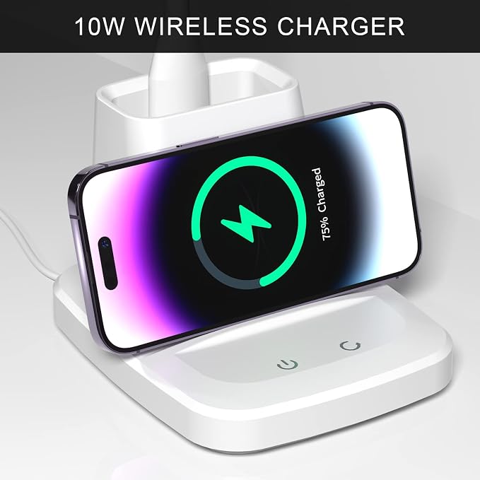 LED Desk Lamp with Wireless Charger for Home Office, White | 3 Color Modes Dimmable Eye-Caring Study Desk Light for College Dorm, 360° Flexible Arm, with Pen Holder, 800 Lumen, Square
