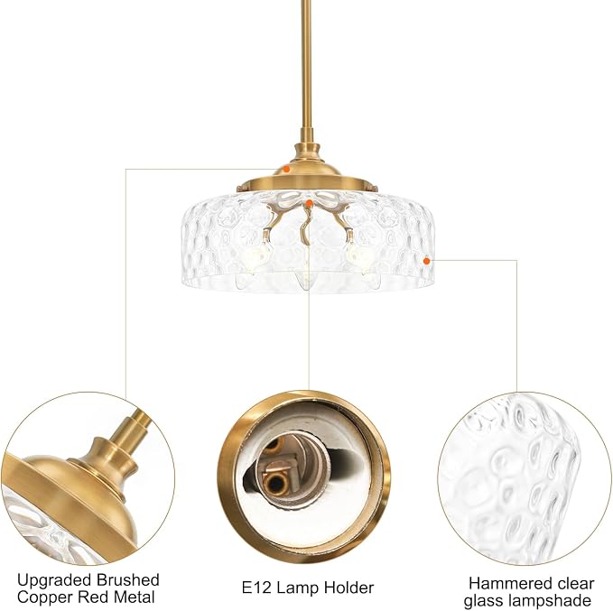 Vintage Pendant Light, Brushed Gold Pendant Lights Kitchen Island with Hammered Glass Shade, Hanging Ceiling Penant Lighting Fixtures with Adjustable Rods for Bathroom, Dining Room, Entryway, E12*3