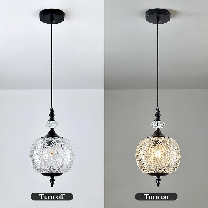 Piepooye Vintage Glass Pendant Light Farmhouse Black Chandelier E26 Mini Adjustable Hanging Ceiling Light Fixture for Kitchen Island Dining Room Bedroom Foyer Entryway