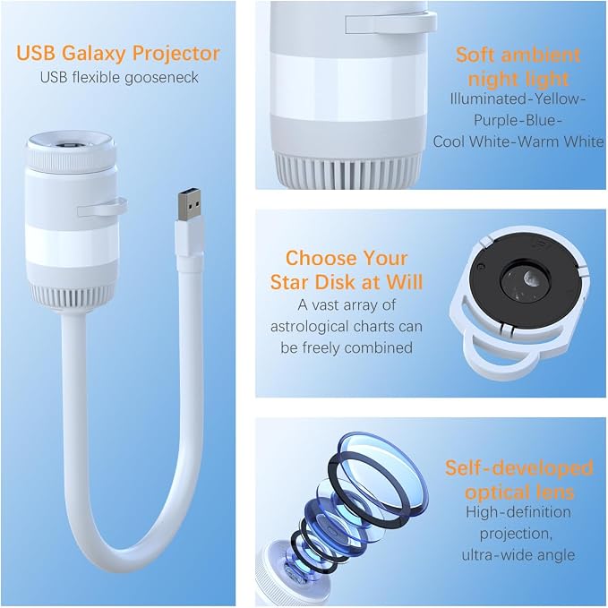 Galaxy Projector Night Light with 13 Films, 5 Colors, 360° Rotation | 2-in-1 galaxy projector with 13 films, 5-color night light, adjustable brightness and 360° rotation for bedrooms.