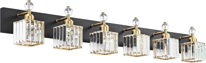 PRESDE 6-Light Crystal Bathroom Lights Fixtures Modern Black and Gold Wall Lamp for Bath Bedroom Hallway