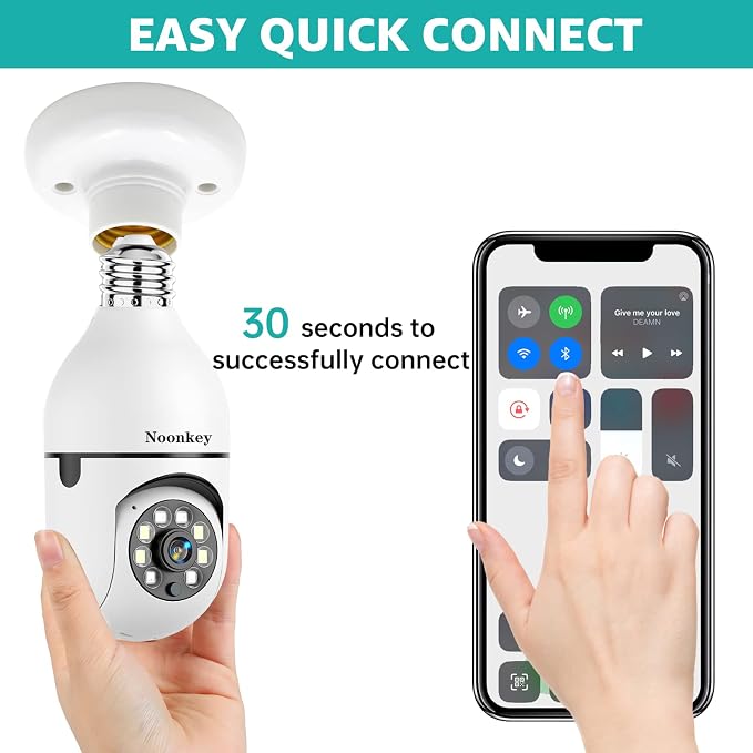 Noonkey 2K/3MP Light Bulb Security Camera, 5G& 2.4GHz WiFi 2 Pack Alexa Home 360° Wireless Security Camera Outdoor, Motion Tracking Detection Alarm,Color Night Vision