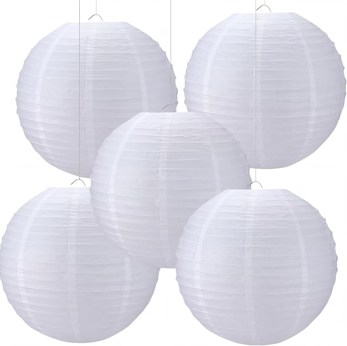 Glooglitter 5 Pcs 18 Inch Large White Paper Lanterns Gaint Chinese Moon Round Paper Lamp Japanese Jumbo Hanging Lanterns for Wedding Graduation Bridal Shower Birthday Party Supplies Decoration