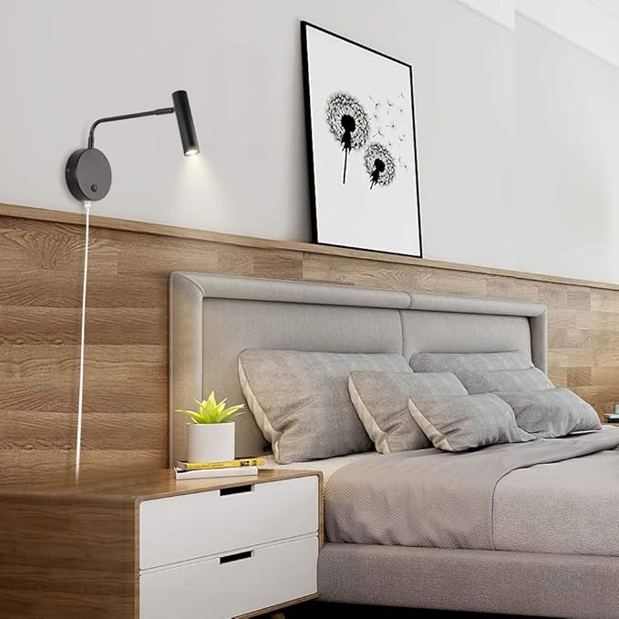 Joossnwell Wall Lights with Plug in Cord, Industrial Wall Lamps for Bedroom with on Off Switch Warm White 3000K Black-1 Pack
