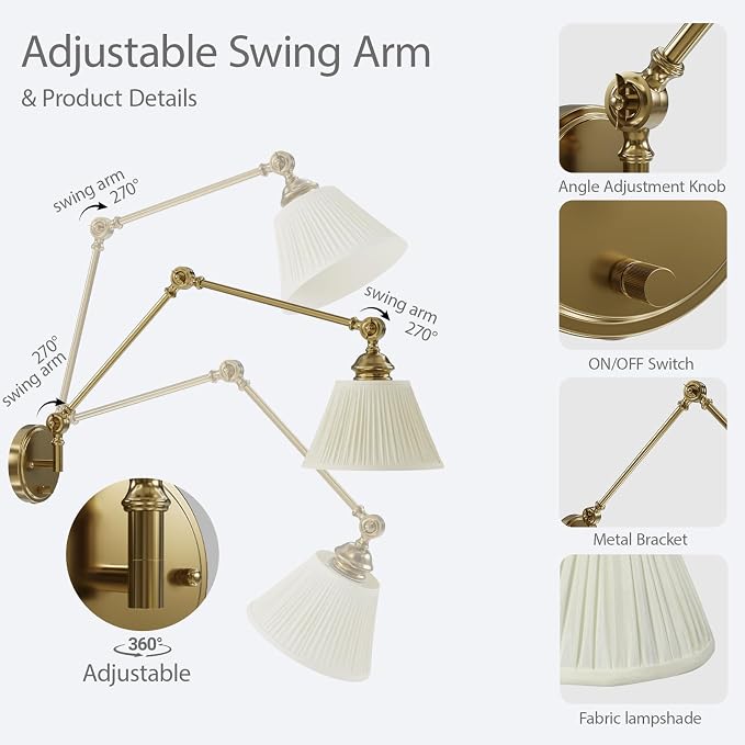 Gold Plug in Wall Sconce, Swing Arm Wall Light with 6.6FT Plug in Cord, Two Adjustable Arms, Fabric Shade, E26 Base, Hardwired Wall Lamp for Bedroom, Reading, Living Room, Hallway (1 Pack)