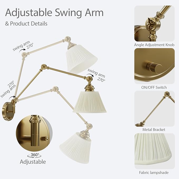 Plug in Wall Sconces Set of Two, Gold Swing Arm Wall Lamp with 6.6FT Plug-in Cord and Knob Switch, Fabric Hardwired Wall Lights for Bedroom, Reading, Study Room, Office, Living Room (2 Pack)