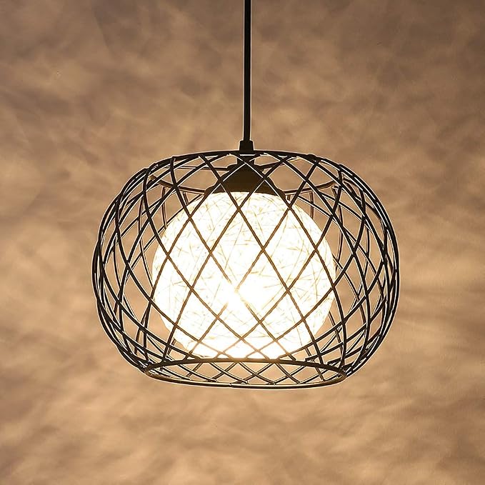 Modern Pendant Hanging Light Industrial-Light Fixture Rustic Ceiling, Metal Cage Hanging Lamps Vintage Industrial Chandelier Black for Bedroom,Kitchen Island,Hallway,Entryway,Garage,Bathroom.