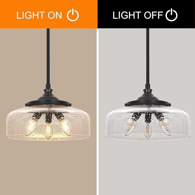 Black Vintage 3-Light Pendant Lights Kitchen Island, Adjustable Height Kitchen Island Lighting, Bathroom Pendant Light with Bubble Glass Shade- Dual Mount Ceiling & Hanging Fixtures with 90° Swivel