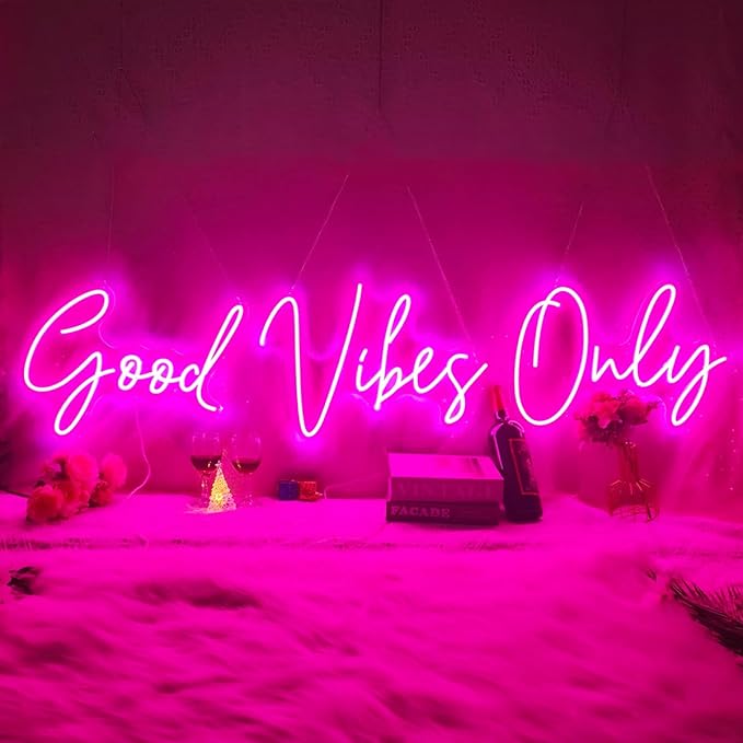 Super Large Good Vibes Only Neon Signs for Wall Decor, 57 Inch Good Vibes Only Neon Sign Large with Remote Dimmer, Neon Light Sign for Living Room Wedding Christmas Party, Bar, Club Decor, Hot Pink