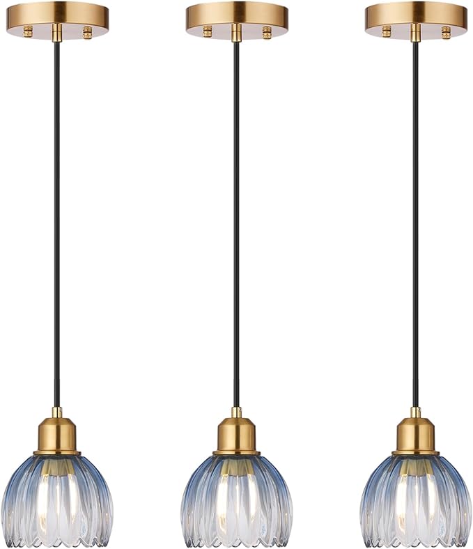 TALOYA 3 Pack Blue with Tulip Glass Pendant Light,Vintage Hanging Light | Adjustable Farmhouse Mini Pendant Lighting Fixture for Kitchen Island, Dining Room, Bedroom, Hallway & Bar Decor