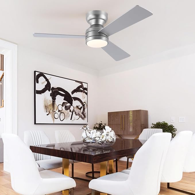 Asyko 46" Brown Modern Low Profile Ceiling Fans with LED Lights and Remote | Flush Mount,Reversible 6 Wind Speeds, Dimmable 3 CCT LED Light, 25W Quiet DC Motor,3 Double-Sided Blades,for Bedroom Kitchen