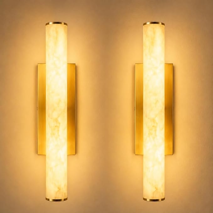 Alabaster Wall Sconces Set of 2, 24 in 3-Color Changing Spanish Natural Marble Wall Sconce, Hardwired Brass Gold LED Wall Fixture for Bathroom, Bedroom, Living Room, Hallway, Staircase