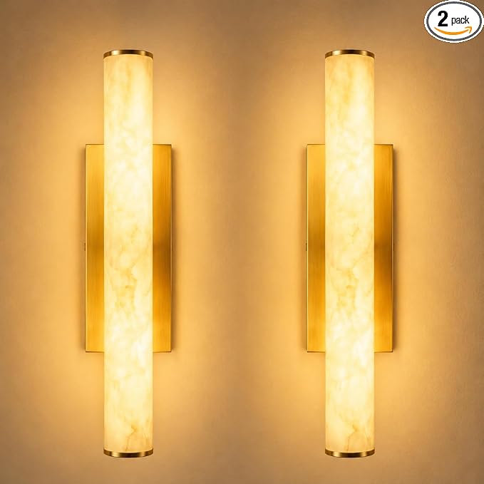 Alabaster Wall Sconces Set of 2, 24 in 3-Color Changing Spanish Natural Marble Wall Sconce, Hardwired Brass Gold LED Wall Fixture for Bathroom, Bedroom, Living Room, Hallway, Staircase